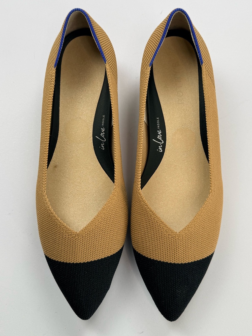 Rothy’s The Point Flats Women’s 11 Camel Black Cap Toe Blue Heel Washable Knit